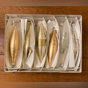 6 Czech Rep Vtg CRATE & BARREL Christmas Ornament Teardrop Glass Gold Silver